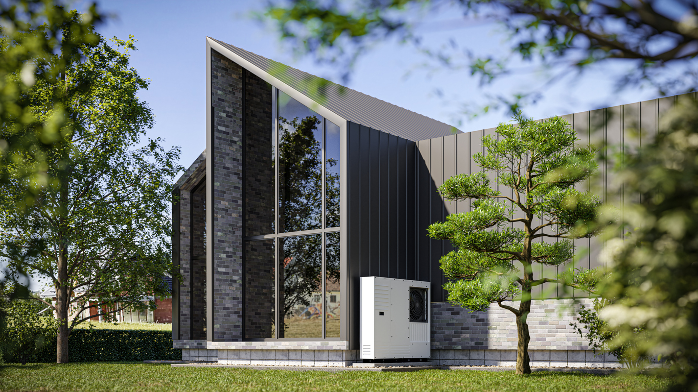 A modern barn house with a mezzanine, large windows, and a lovely terrace with a garden – 3d render A modern barn house with a mezzanine, large windows, and a lovely terrace with a garden – 3d render