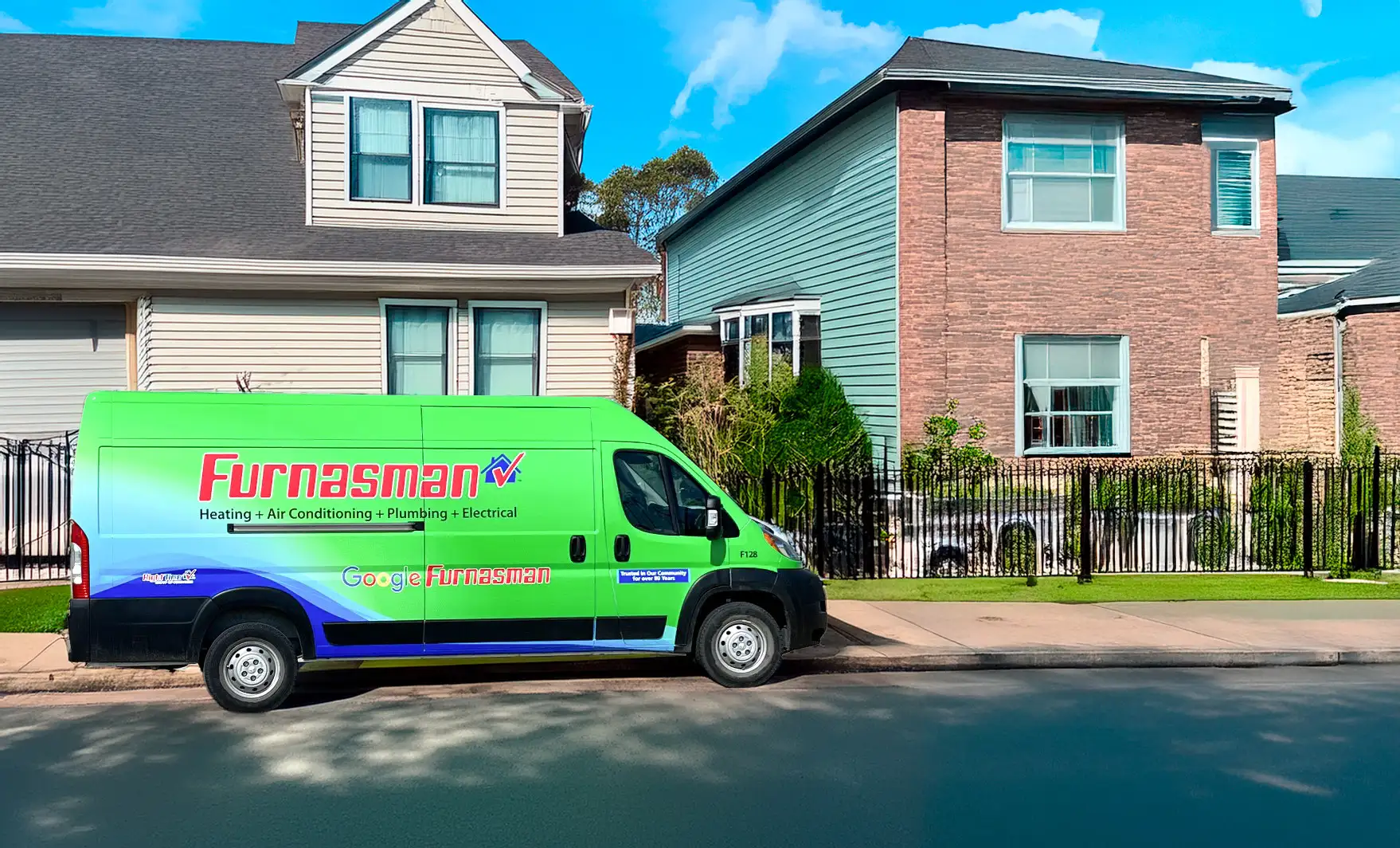 furnasman-van Furnasman service van parked in front of residential houses, offering heating, air conditioning, plumbing, and electrical services.